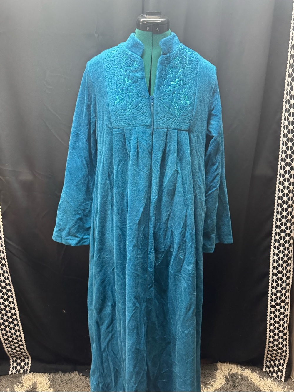 Women's Teal Embroidered Long Housecoat